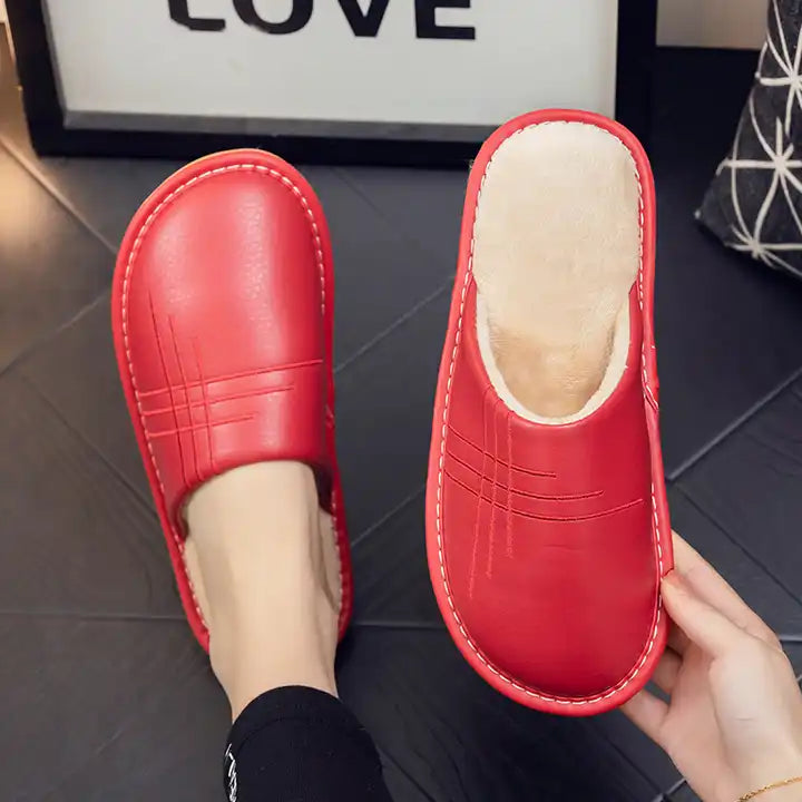 Leather Autumn and Winter Household Slippers Home Indoor Thick Bottom Non-slip Waterproof Warm Home Slippers