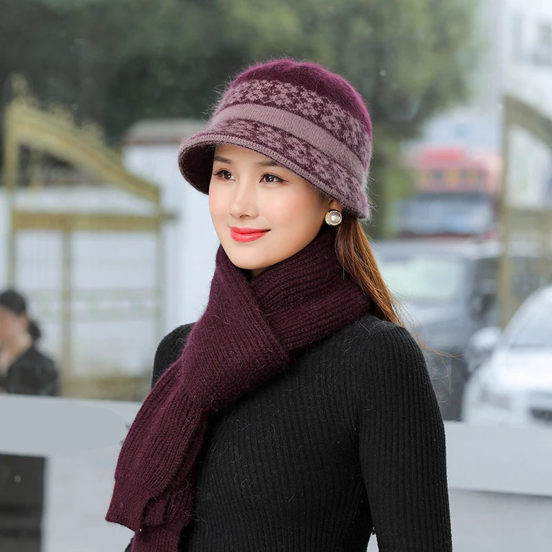 Velvet High Quality Ladies Winter Hat For Women Fashion Plaid Rabbit Fur Bucket Hat Thick Warm Knitted Hat