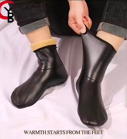 2pcs Winter Warm PU Leather Coral Fleece Thermal Boot Slipper Socks For Men Women Children
