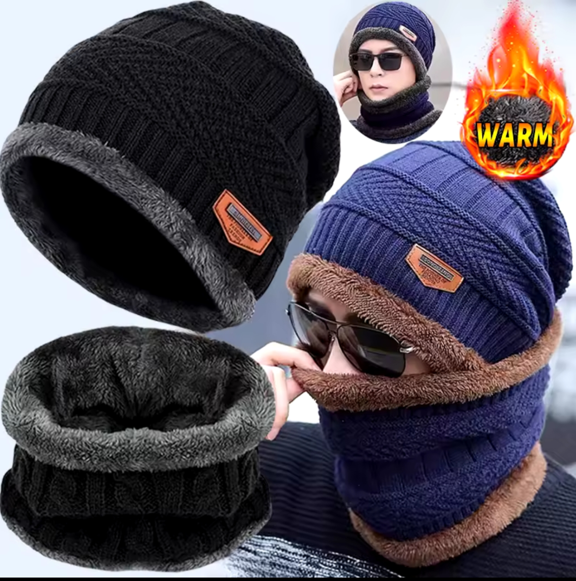 -5° Winter Wool Skull Cap with Neck Scarf Wool Warm -  Man Winter Cap with Mask