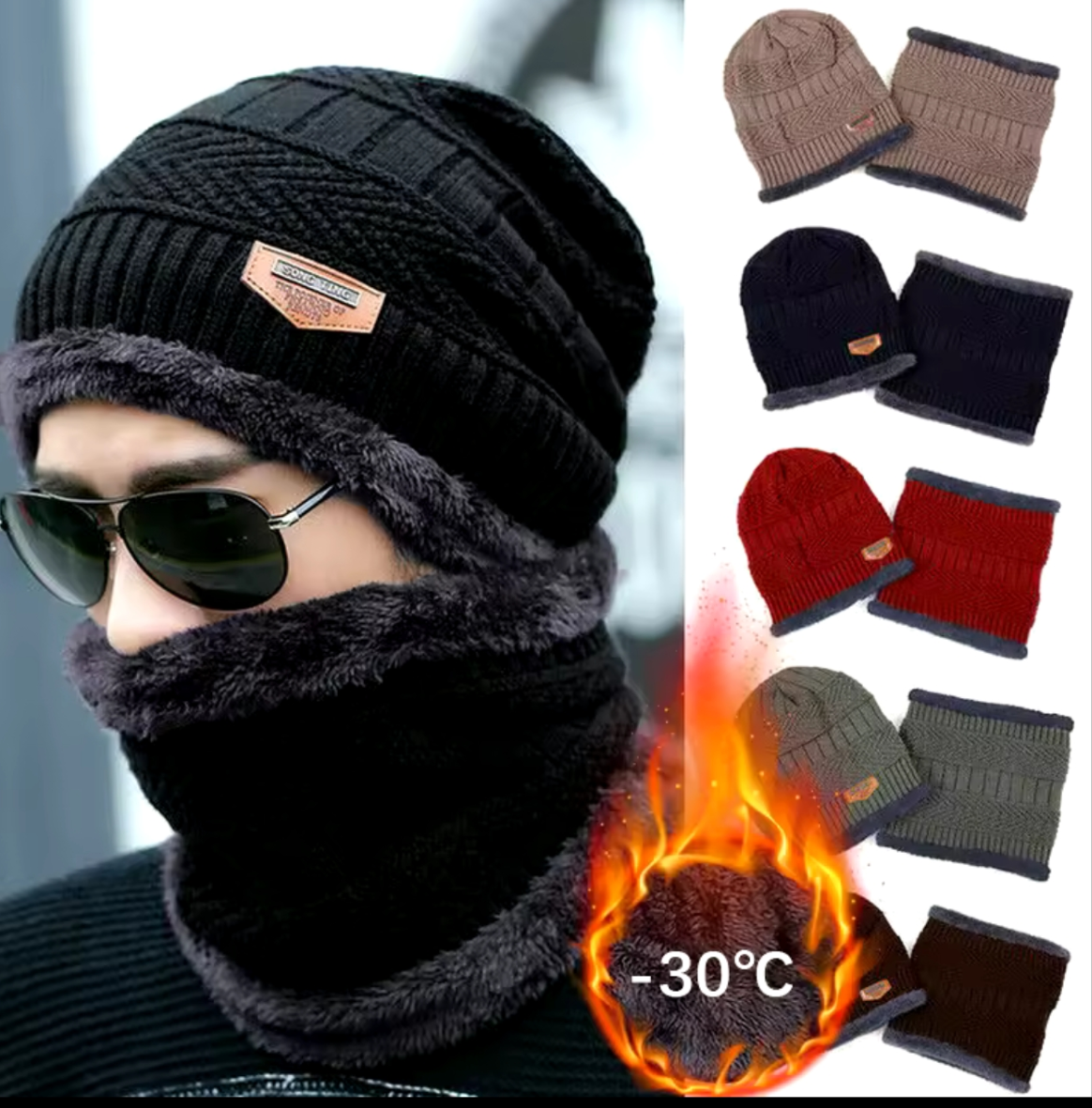 -5° Winter Wool Skull Cap with Neck Scarf Wool Warm -  Man Winter Cap with Mask