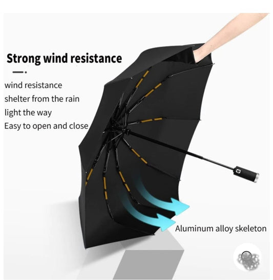 Wind proof  Sun & Rain Automatic Rotating LED Flashlight Handle 10-bone Automatic Umbrella Anti-wind