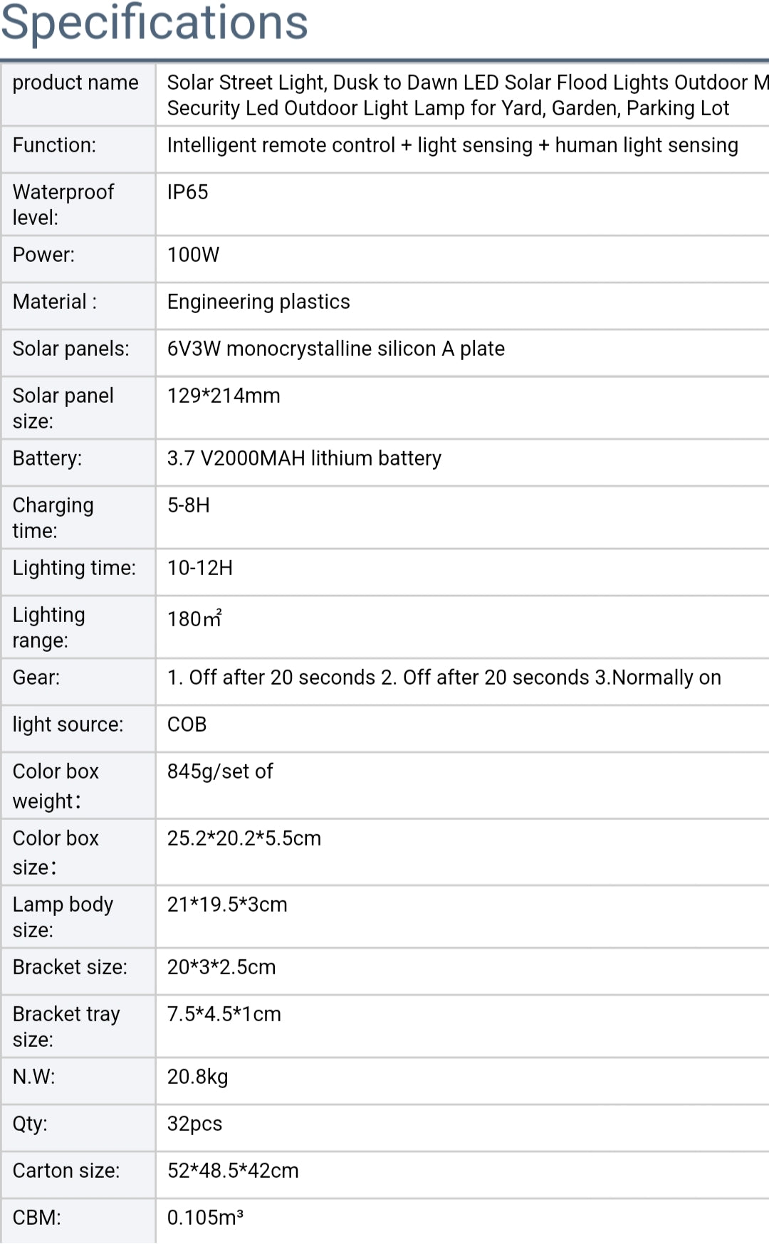 Solar 100 watt Light with 2000mah lithium battery