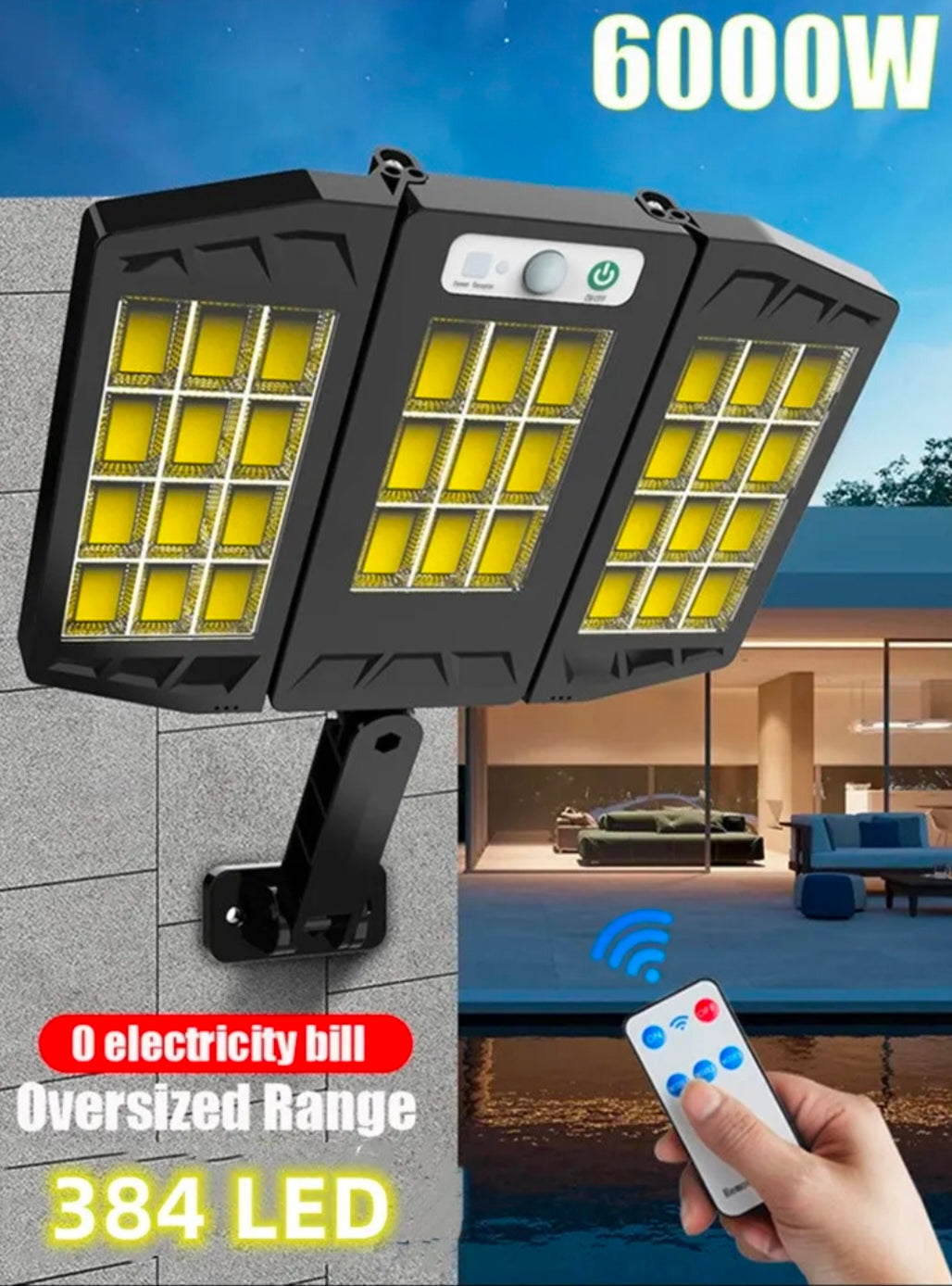 1000watt foldable Solar 3 head Sensor Light 384 LED