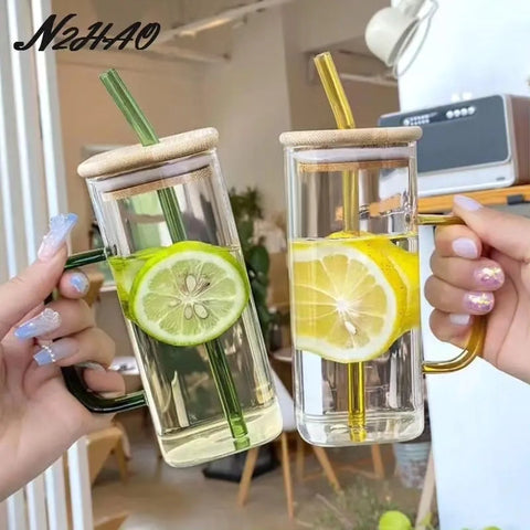 400Ml Square Mug With Lids and Straws For Soda Iced Coffee Milk Bubble Tea Water