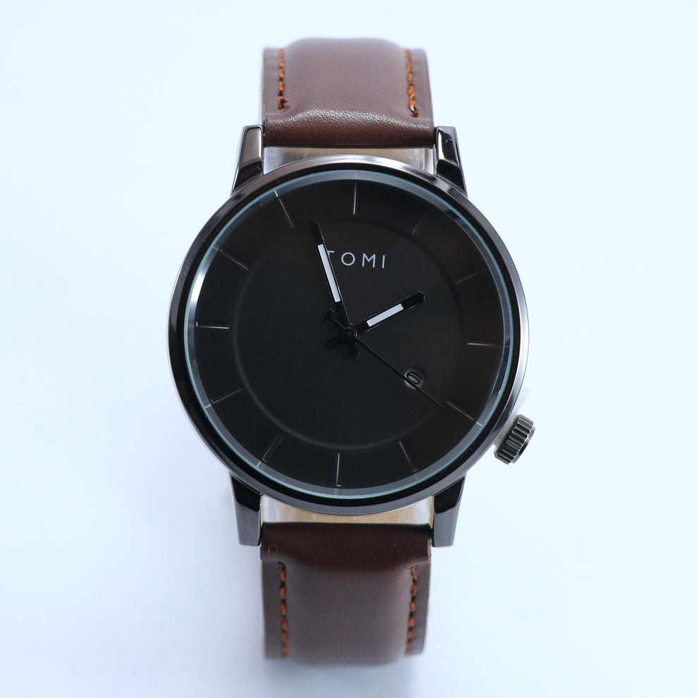 TOMI Model T101-1 Casual Fashion Date Quartz Watch For Men & Women Leather Strap Round Dial