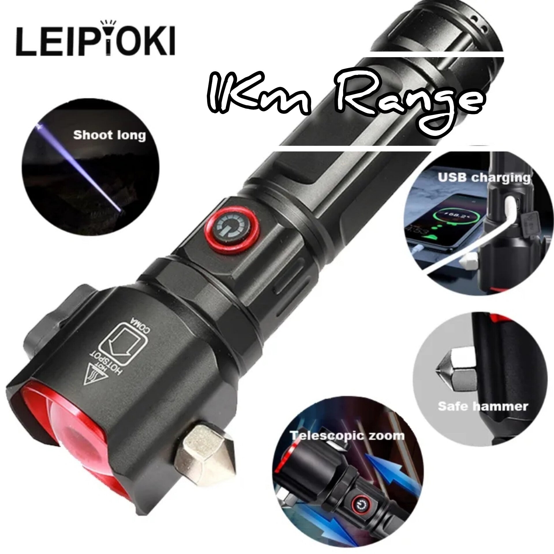 Hammer Imported 5 in 1 Rechargeable Flashlight & Power Bank - 1KM Range