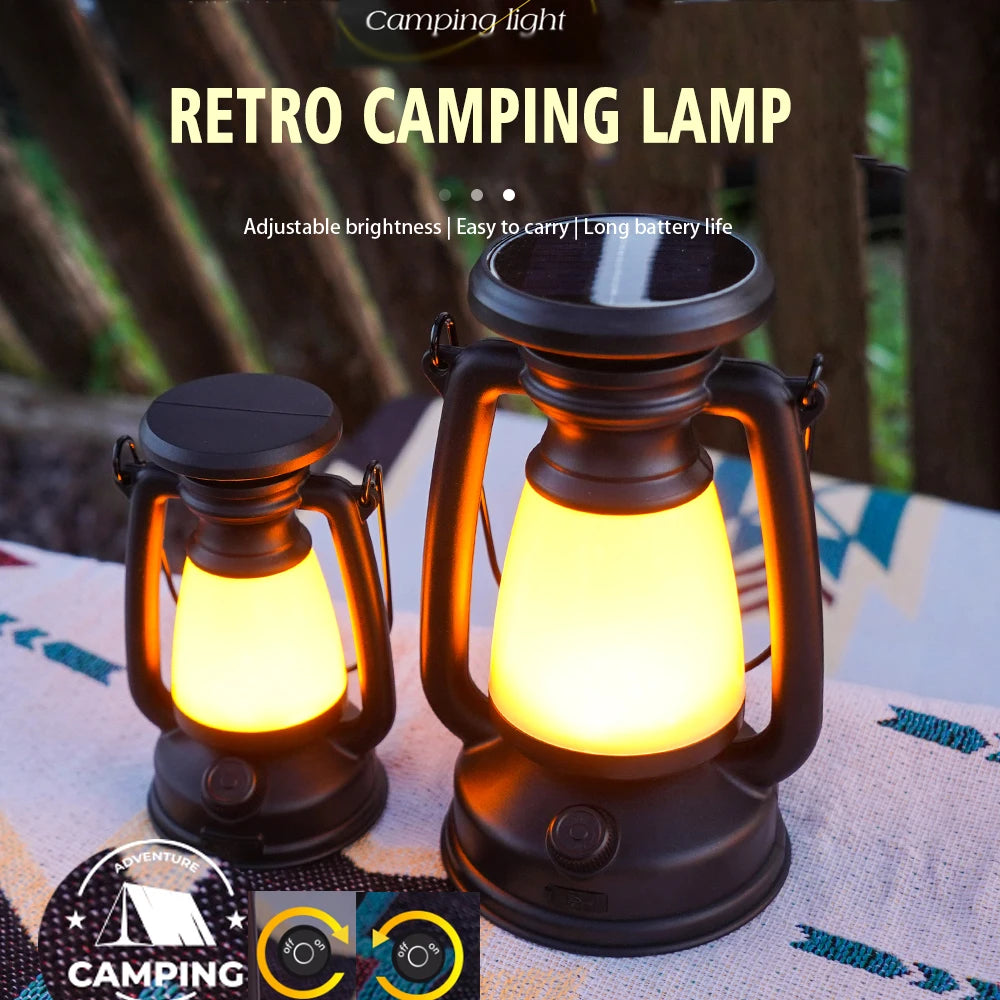 New Retro Lamp Tri-Color Led Stepless Dimming Light Source Portable Hanging Solar Charging USB Camping Outdoor Lighting