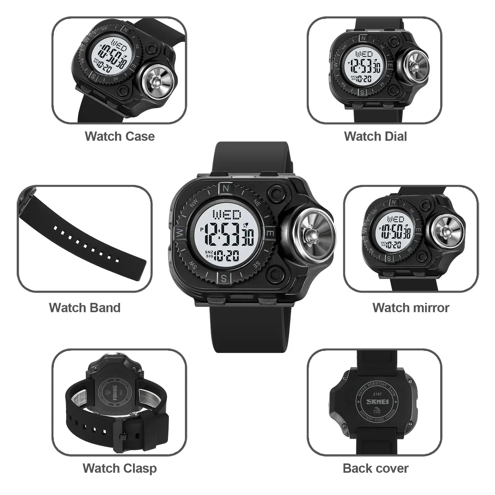 SKMEI 2187 Men Back Light Digital Wristwatch Waterproof Alarm Stopwatch Clock Creative LED Flashlight Countdown Sport Watches