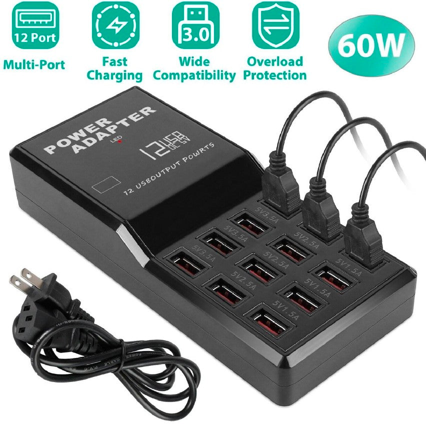 USB Mobile Phone Charger 10-Ports 60W for Multiple Devices Smart Phone Tablet ipad