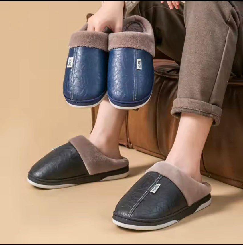 Men Women Waterproof Indoor Slippers Plush Leather Slippers  Thick Bottom