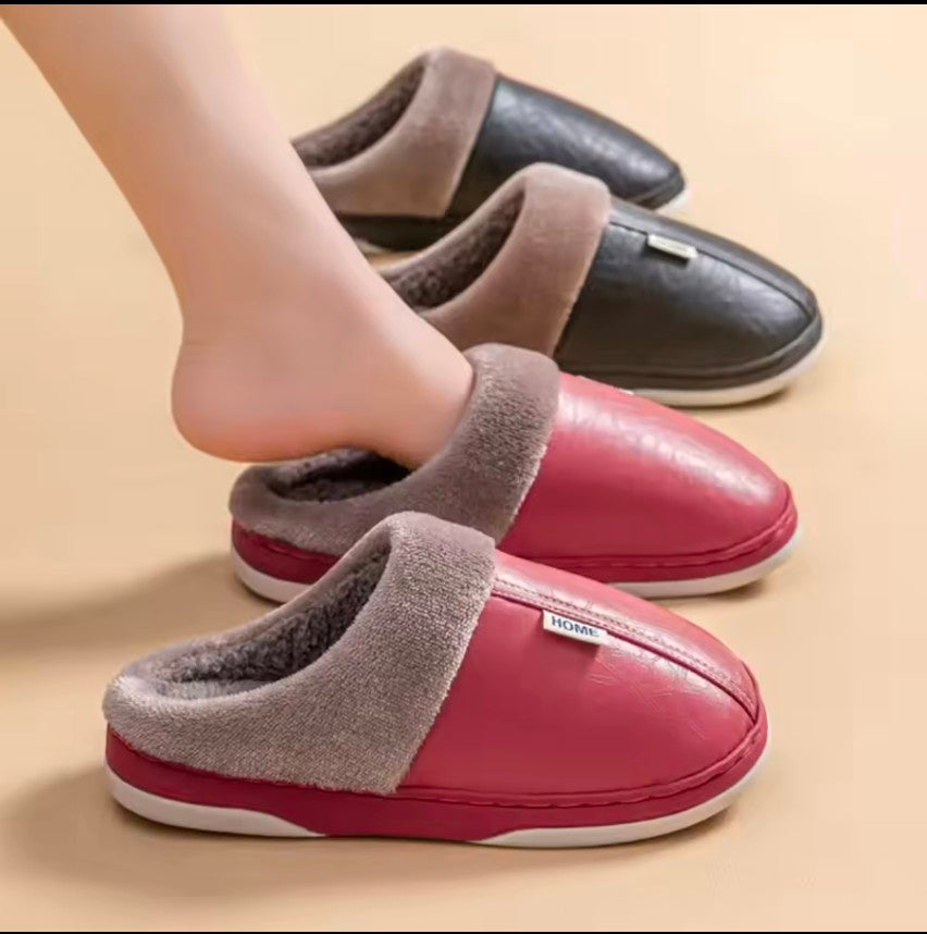 Men women Waterproof indoor Slippers Warm Plush Leather Slippers