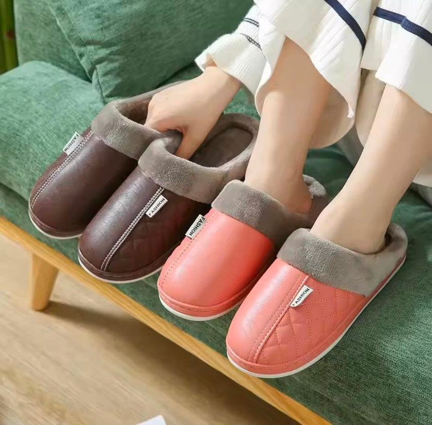 Men women Waterproof indoor Slippers Warm Plush Leather Slippers