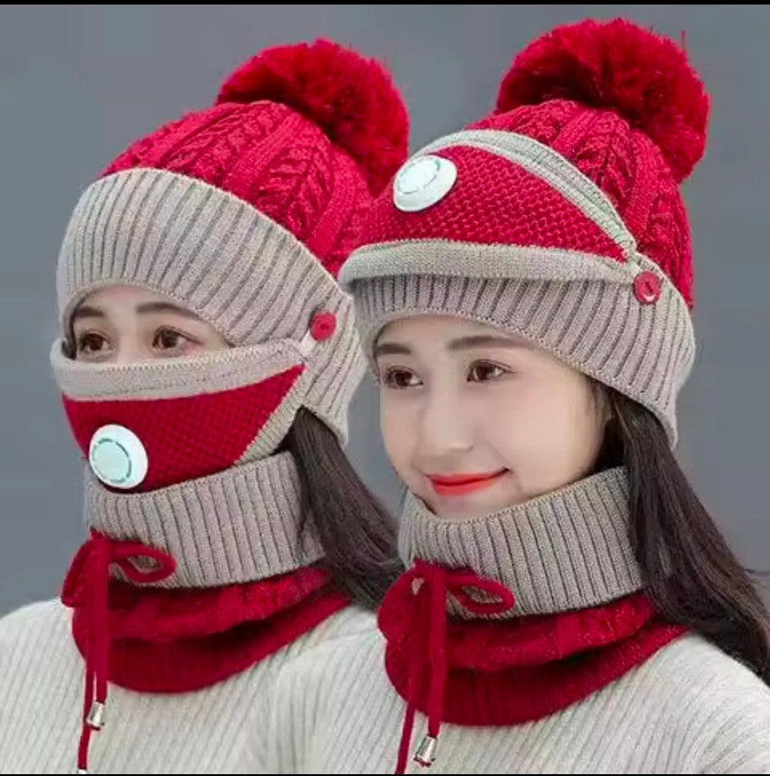 3 pcs stylish Women Winter Thick Cap with Matching Neck and Filter Mask