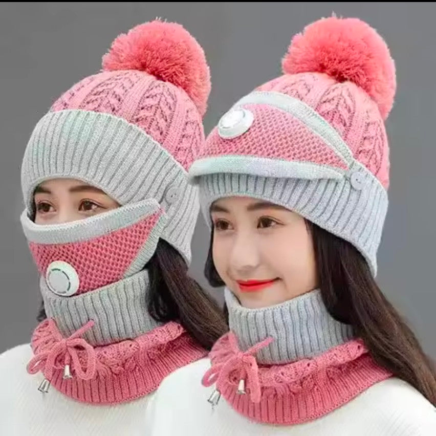 3 pcs stylish Women Winter Thick Cap with Matching Neck and Filter Mask