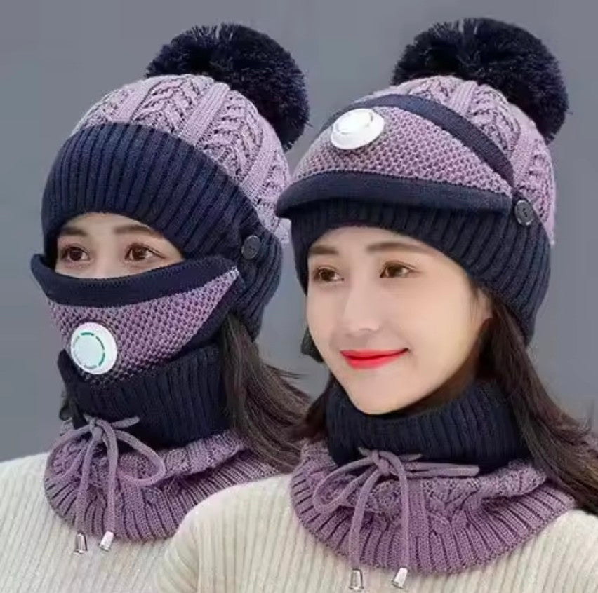 3 pcs stylish Women Winter Thick Cap with Matching Neck and Filter Mask