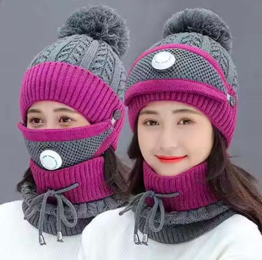 3 pcs stylish Women Winter Thick Cap with Matching Neck and Filter Mask