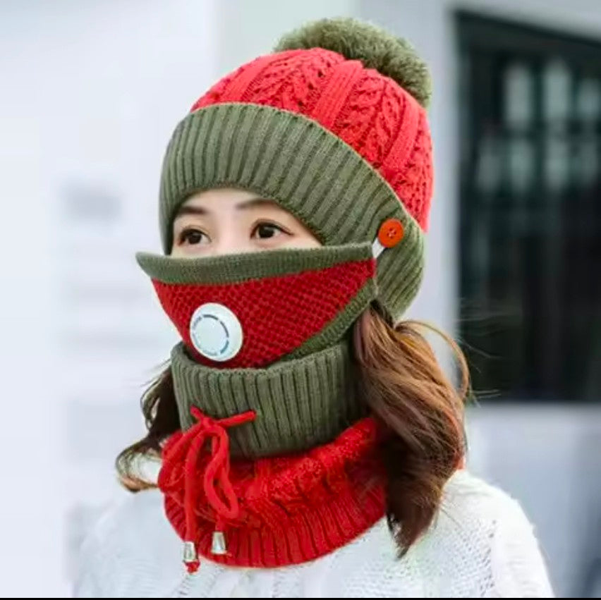 3 pcs stylish Women Winter Thick Cap with Matching Neck and Filter Mask