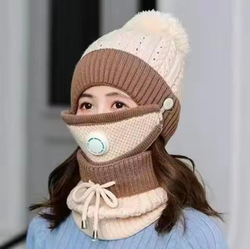 3 pcs stylish Women Winter Thick Cap with Matching Neck and Filter Mask