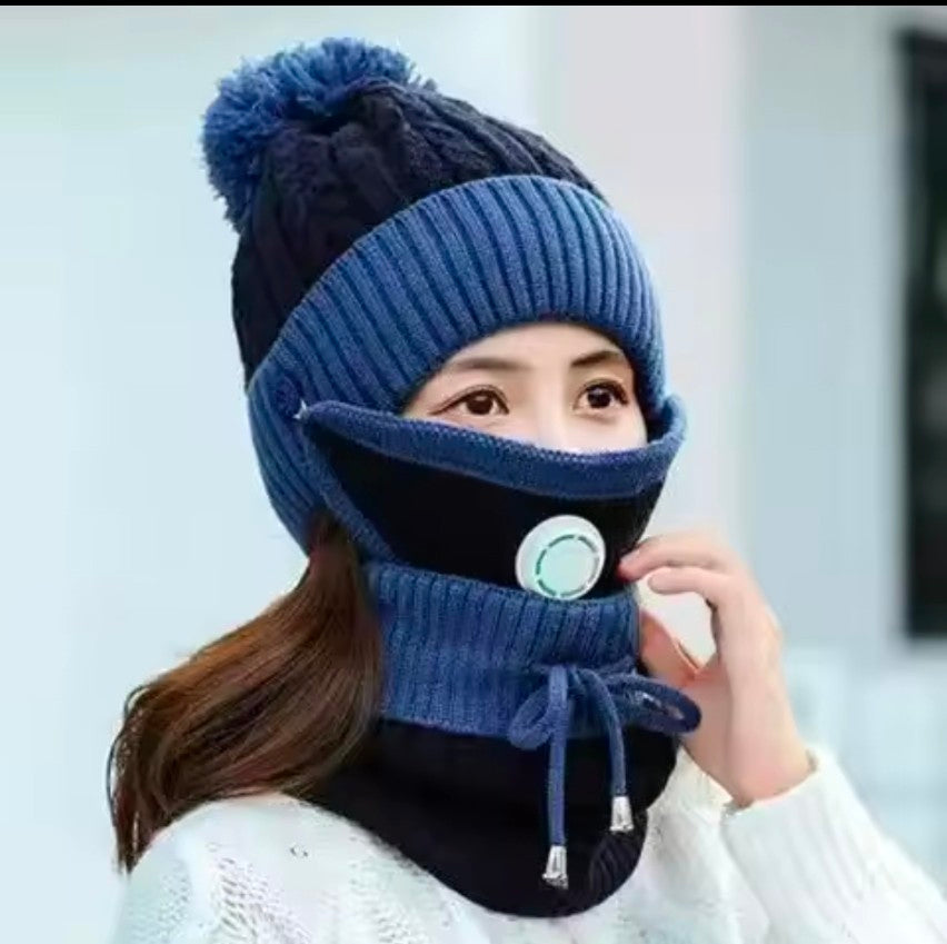 3 pcs stylish Women Winter Thick Cap with Matching Neck and Filter Mask