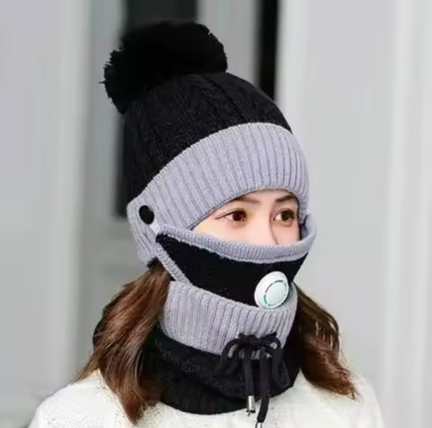 3 pcs stylish Women Winter Thick Cap with Matching Neck and Filter Mask