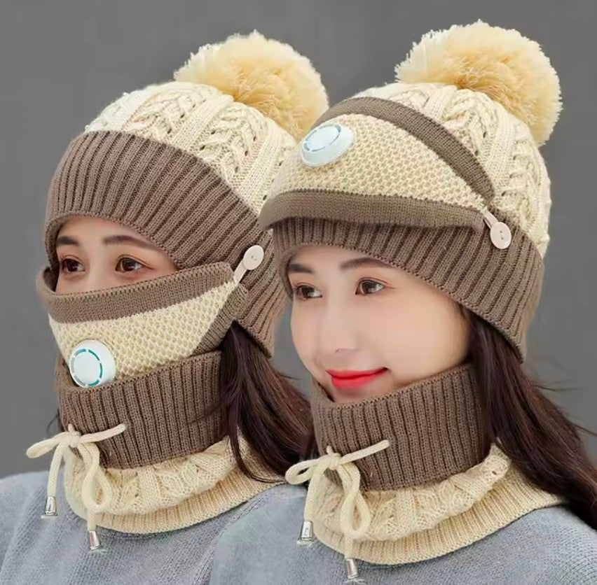 3 pcs stylish Women Winter Thick Cap with Matching Neck and Filter Mask