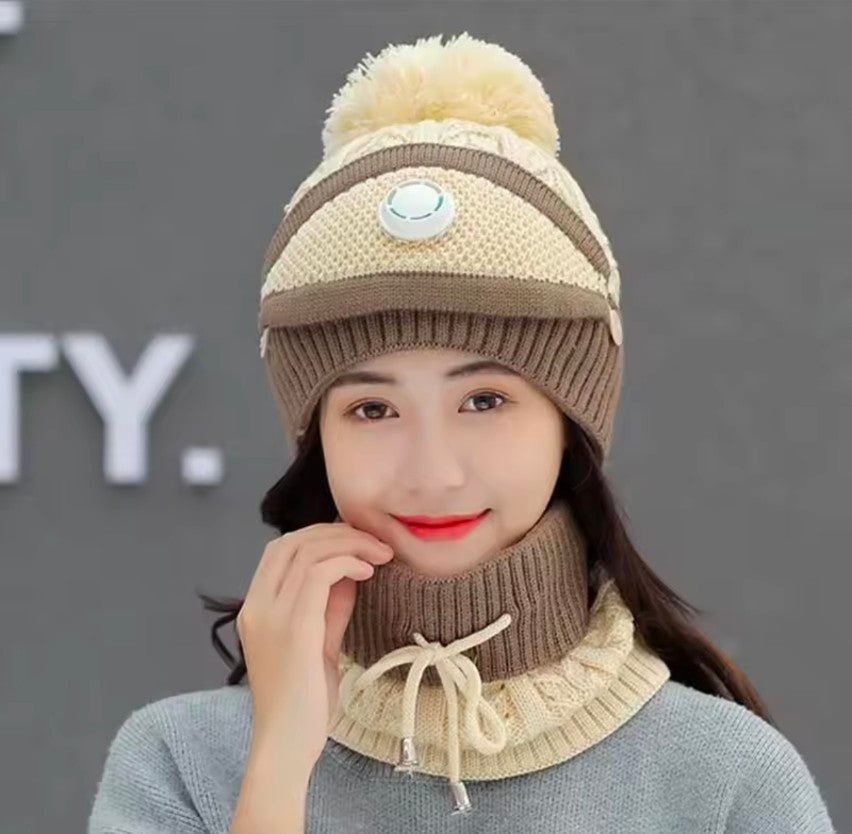 3 pcs stylish Women Winter Thick Cap with Matching Neck and Filter Mask