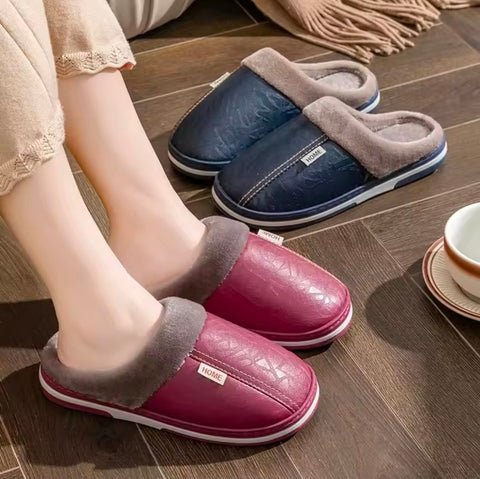 Men women Waterproof indoor Slippers Warm Plush Leather Slippers Thick Bottom