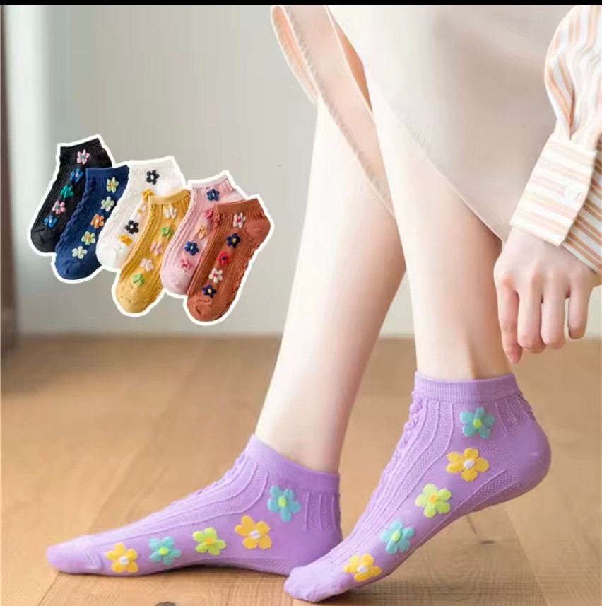 5 Pairs Korean Ladies Flower Winter Summer warm Cotton Socks