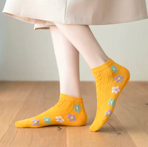 5 Pairs Korean Ladies Flower Winter Summer warm Cotton Socks
