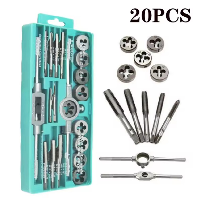 20Pcs Metric Hand Tap and Die Set Multifunction M3-M12 Screw Thread Plugs Straight Taper Reamer Tool Tapping and Thread Tools