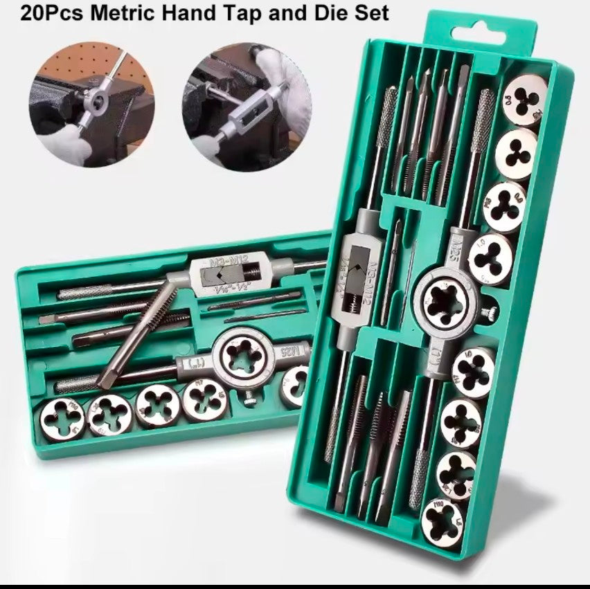 20Pcs Metric Hand Tap and Die Set Multifunction M3-M12 Screw Thread Plugs Straight Taper Reamer Tool Tapping and Thread Tools