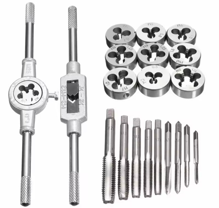 20Pcs Metric Hand Tap and Die Set Multifunction M3-M12 Screw Thread Plugs Straight Taper Reamer Tool Tapping and Thread Tools