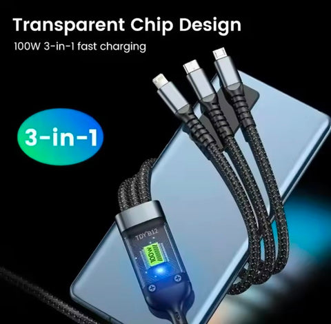 100W Super Fast Charging USB C Type 3 In 1 Data Cable With Light
