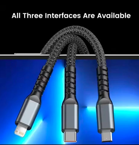 100W Super Fast Charging USB C Type 3 In 1 Data Cable With Light