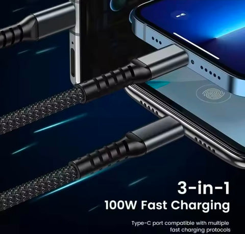 100W Super Fast Charging USB C Type 3 In 1 Data Cable With Light