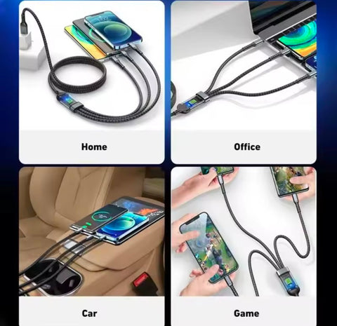 100W Super Fast Charging USB C Type 3 In 1 Data Cable With Light