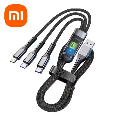 100W Super Fast Charging USB C Type 3 In 1 Data Cable With Light