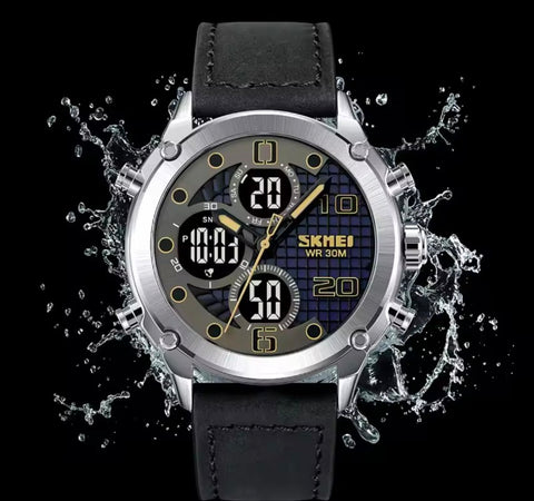 Skmei 1975 Digital 3 time Leather  Waterproof Fashion Watch