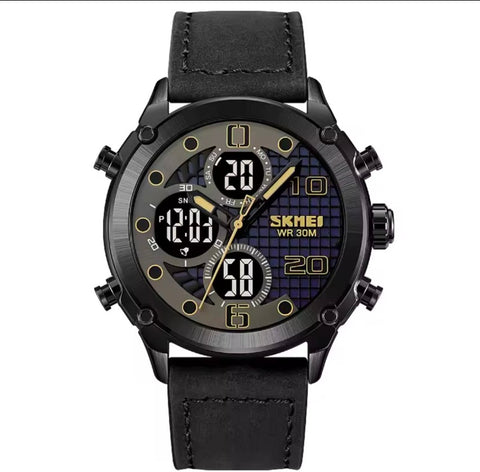 Skmei 1975 Digital 3 time Leather  Waterproof Fashion Watch