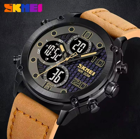 Skmei 1975 Digital 3 time Leather  Waterproof Fashion Watch