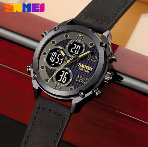 Skmei 1975 Digital 3 time Leather  Waterproof Fashion Watch