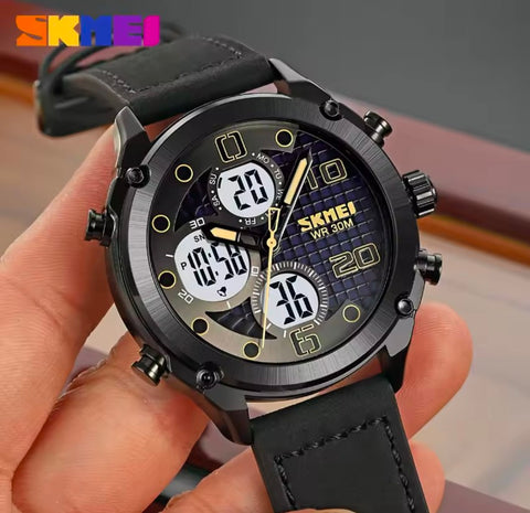 Skmei 1975 Digital 3 time Leather  Waterproof Fashion Watch