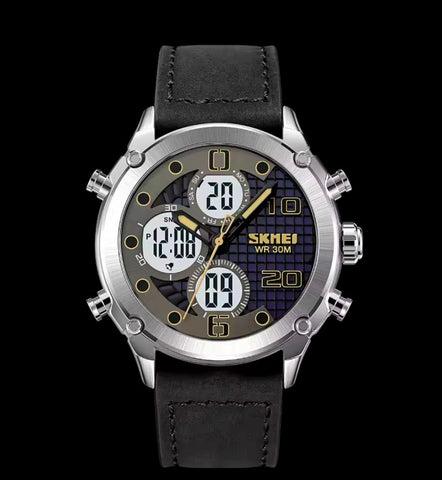 Skmei 1975 Digital 3 time Leather  Waterproof Fashion Watch