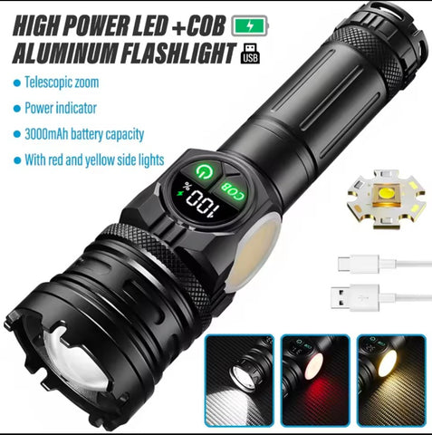 2km Long Range LED Flashlight With Side COB Strong Tail Magnet Lamp Type-C