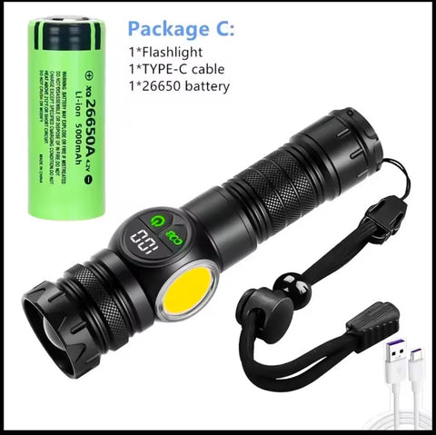 2km Long Range LED Flashlight With Side COB Strong Tail Magnet Lamp Type-C
