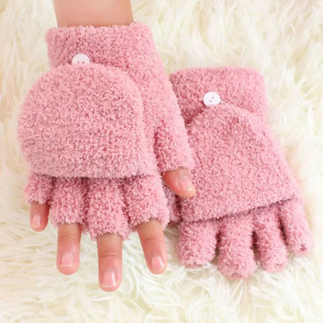 Soft Coral Fleece Flip Cover Half Finger Gloves 2022 Winter Men Women Gloves Solid Warmer Mittens Female Ladies Cycling Gloves