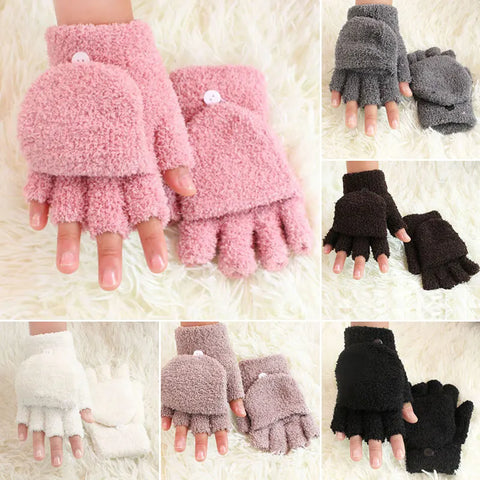 Soft Coral Fleece Flip Cover Half Finger Gloves 2022 Winter Men Women Gloves Solid Warmer Mittens Female Ladies Cycling Gloves