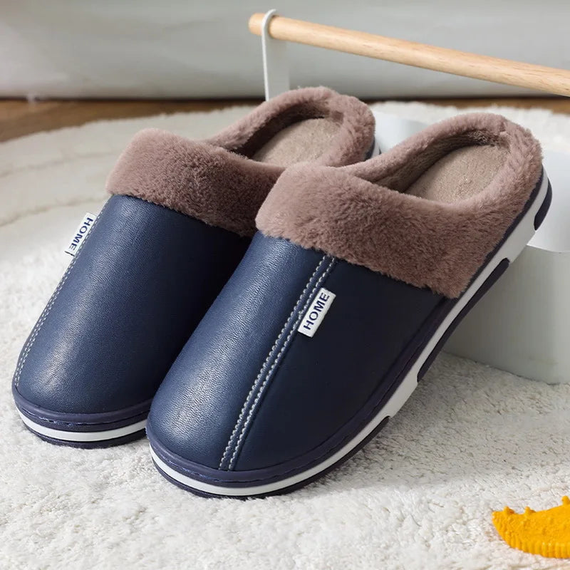 Men women Waterproof indoor Slippers Warm Plush Leather Slippers Thick Bottom