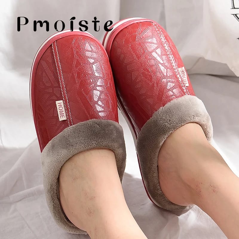 Men women Waterproof indoor Slippers Warm Plush Leather Slippers Thick Bottom